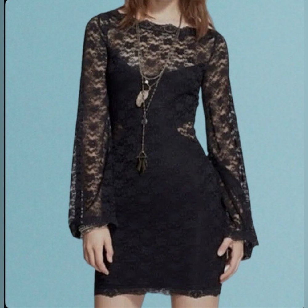 FREE PEOPLE black lace bodycon dress with dramatic bell sleeves and sheer panels
